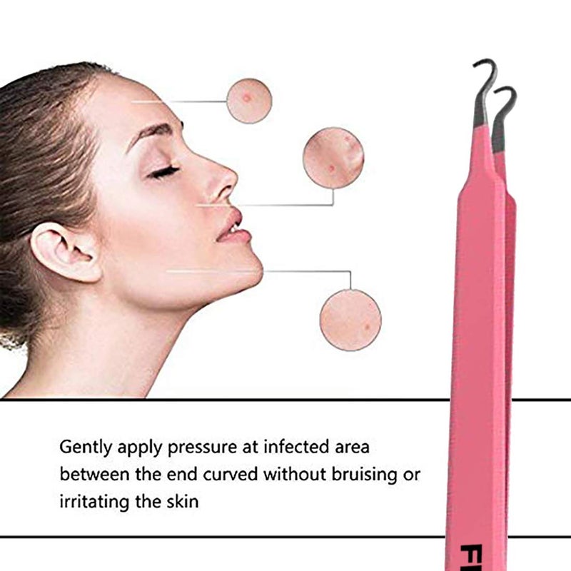 FEITA Blackhead Acne Extraction Tweezers - FEITA Pro & Surgical-Grade Stainless Steel Bend Curved Comedone Extractor Tweezer Tool for Remove Whitehead and Clogged Pores, Pimple - Pink - Image 2